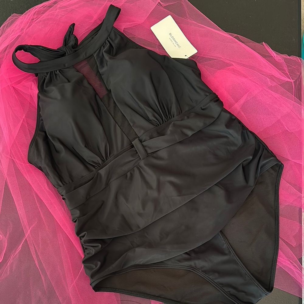 BloomChic  Black one piece bathing suit with Elegant Halter style neckline